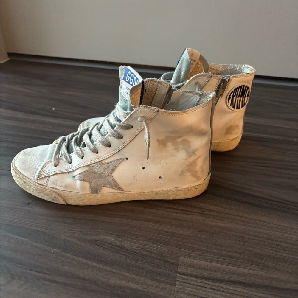 Golden Goose Distressed Cream and Gray Sneakers